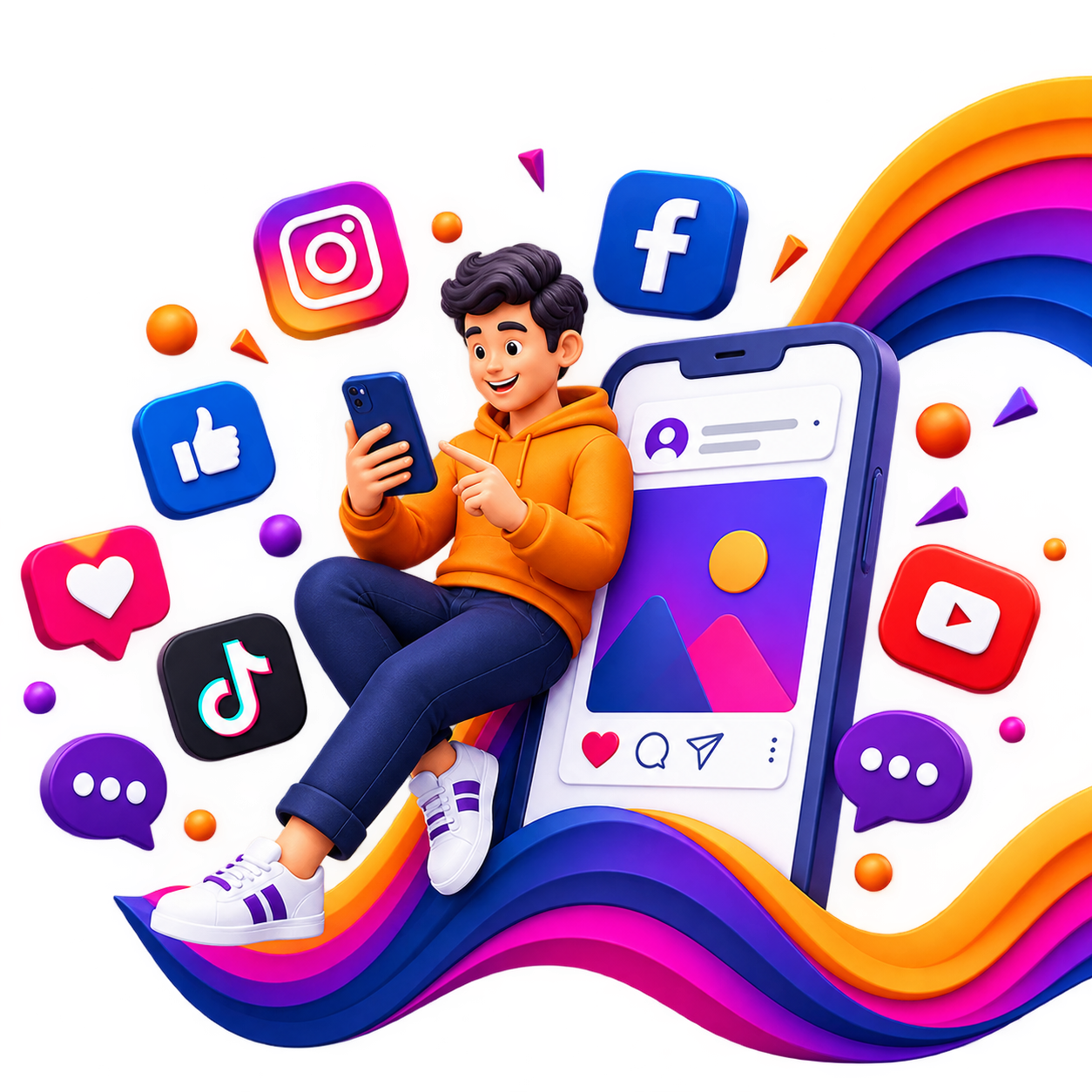 Social media marketing illustration with platform icons around a phone
